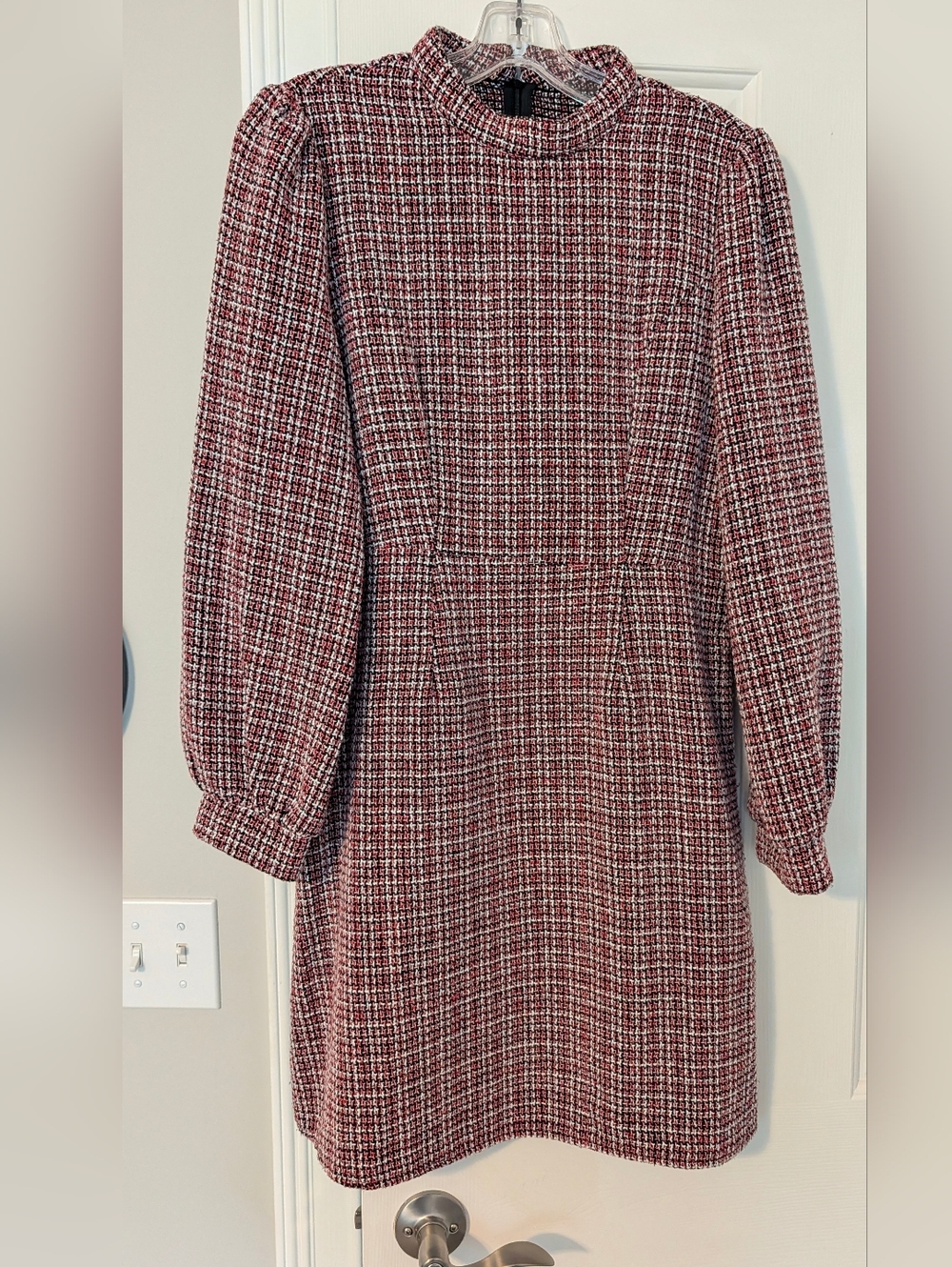 SHEIN Red Plaid Tweed Long Sleeve Shift Dress